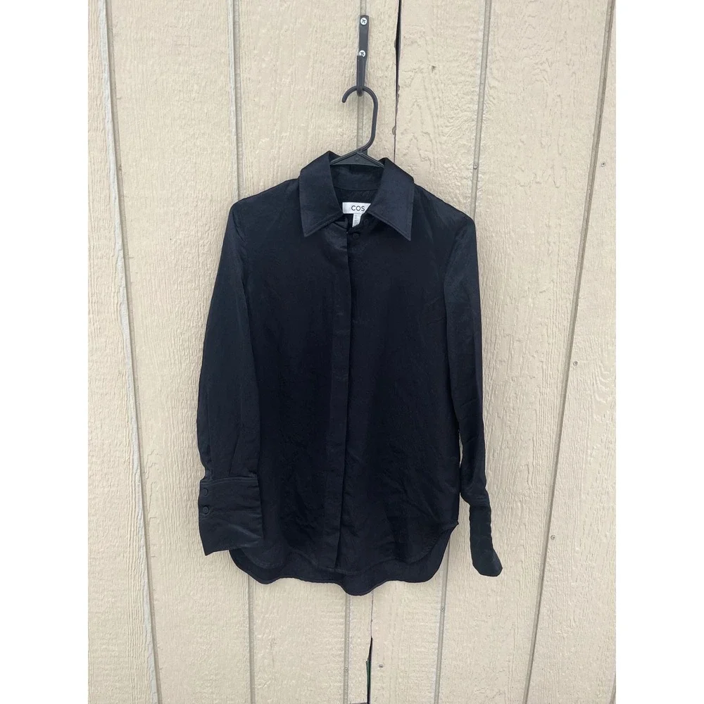 COS Black Acetate Crushed Texture Button Down Shirt‎ Womens Size 2 Minimalist - Picture 2 of 7